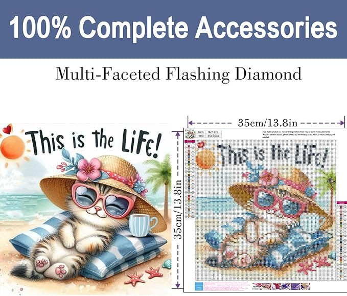 ijbnhd Diamond Art Kits for Adults,5D Cute Cat Diamond Painting Kits for Adults Beginners, DIY Full Round Drill Seaside Gem Arts Craft for Home Wall Decor 14 X 14Inch