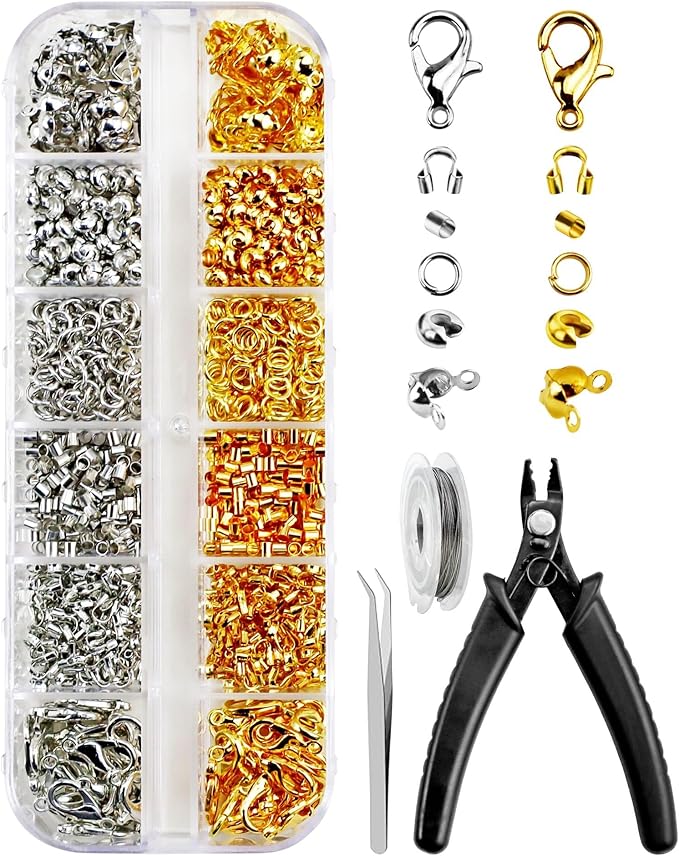 1200 Pcs Crimp Beads Kit for Jewelry Making, Including Crimp Beads, Covers, Tubes, Wire Guardians, Lobster Clasps, Jump Rings, Crimping Pliers and Beading Wire