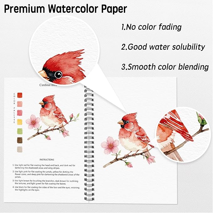 SLWBZ Watercolor Workbook Birds, 15 Different Patterns of Original DIY Designs, Beginner-Friendly Watercolor Workbooks, (Birds, Without Palette)