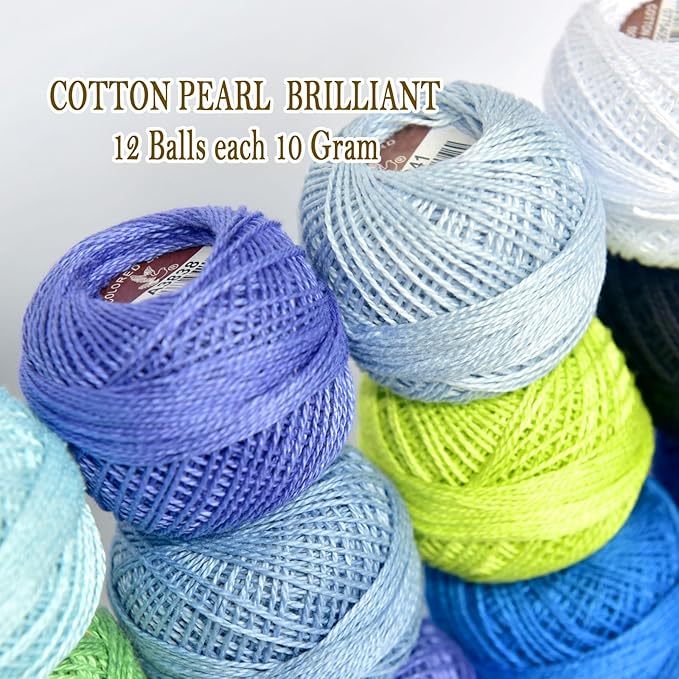 Double Mercerized Egyptian Long Staple Cotton Pearl Thread Ball 10 Grams Rainbow Color Embroidery Thread 12 Colors per Box for Crochet Hardanger Cross Stitch Hand Embroidery,Bluegreen Series