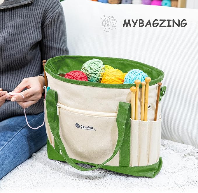 Canvas Yarn Storage Organizer Bag Washable Crochet Bag with Pockets for Yarn, Hooks, Needles – Travel Knitting Tote for Crafters – Gift for Crocheters & Knitters (Medium/Large)