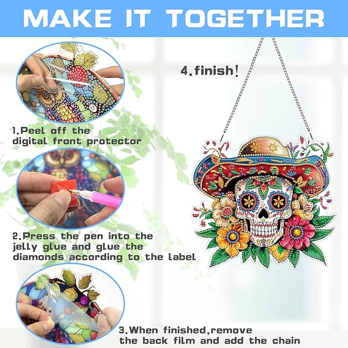 VAIIEYO Skull Diamond Art Hanging Ornament, Flower Diamond Painting Suncatchers Window Hanging Kit with Chain, 7.5x7.5 inch Crystal Pendant Art Craft for Gift Home Wall Front Door Decoration
