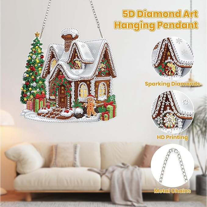 MOGTAA Christmas Diamond Art Hanging Kits for Adults Kids, Christmas House Diamond Art Suncatchers, 5D Special Shape Diamond Painting Window Pendant Kit for Home Garden Wall Decor