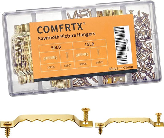 60 Pack Sawtooth Picture Hangers – Small & Heavy-Duty Wall Hanging Kit, 2 Sizes for Photo Frames, Art, Paintings, Canvas Hooks, and Picture Hanging Hardware Gold