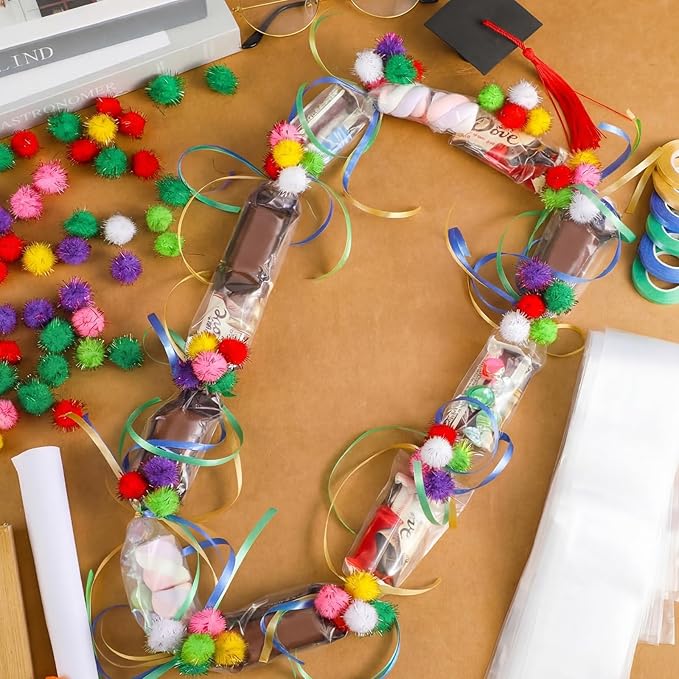 Hanaive Graduation Candy Lei Tubing Necklace Making Kit Include 50 Pcs 2 Inch Poly Tubing Lei Bags 197 ft 6 Rolls Gift Wrapping Ribbon 1 Pack Plush Poms 400 Glue Points for Graduation Party Supplies