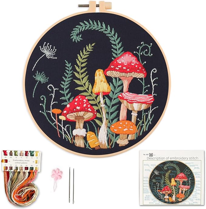 Silentsea Embroidery Kit, Floral and Nature Designs, 3-Pack with Hoops, Needlework Pattern Set (Mushroom)