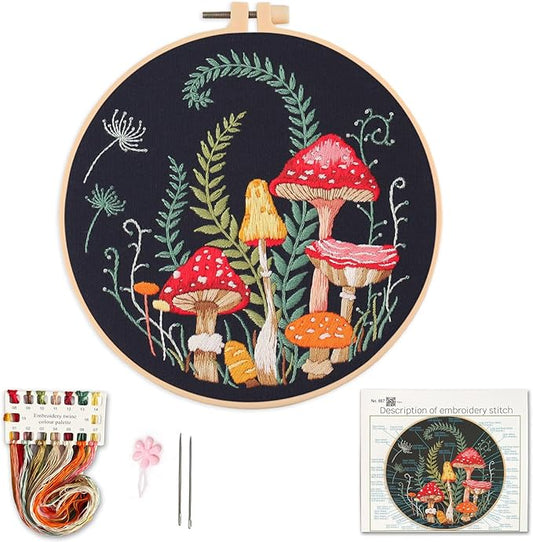 Silentsea Embroidery Kit, Floral and Nature Designs, 3-Pack with Hoops, Needlework Pattern Set (Mushroom)
