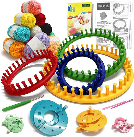 UCDRMA Loom Knitting Kit with Yarn, 23PCS Round Knitting Loom Kit for Beginners Including Instructions and Pom Pom Maker, Easy & Quick Hat Knitting Loom Set/Scarf Loom Knitting Set for Family