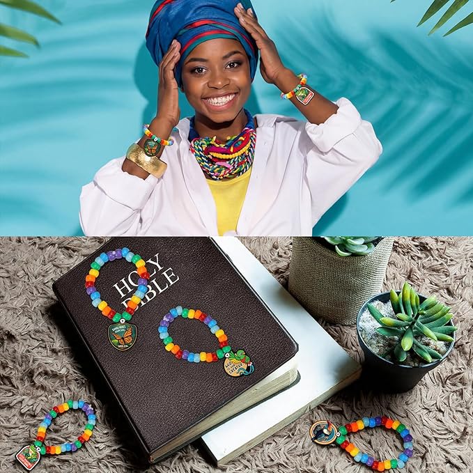 Tondiamo 24 Sets Rainforest Falls Bracelet Crafts Bulk VBS 2026 Bracelet Making Kit DIY Rainforest Falls Bead Wristband Jungle Wooden Cutouts Charms for Vacation Bible School Crafts Jewelry Making