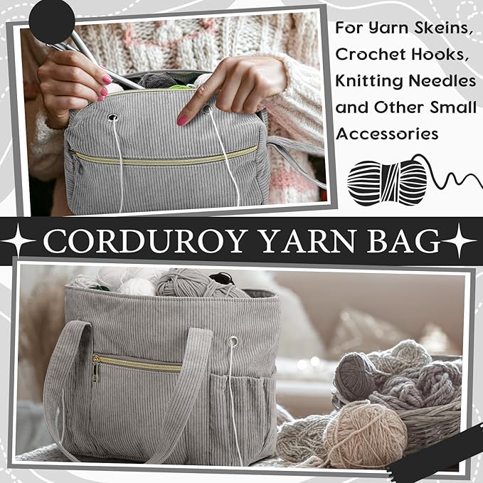 Bulyoou 2 Pcs Crochet Bag and Tote Set Corduroy Yarn Bag Crochet Tote Bag for Crochet Hooks Organizer Yarn Holder for Crochet Lovers Knitting Bag Crochet Accessories(Grey)