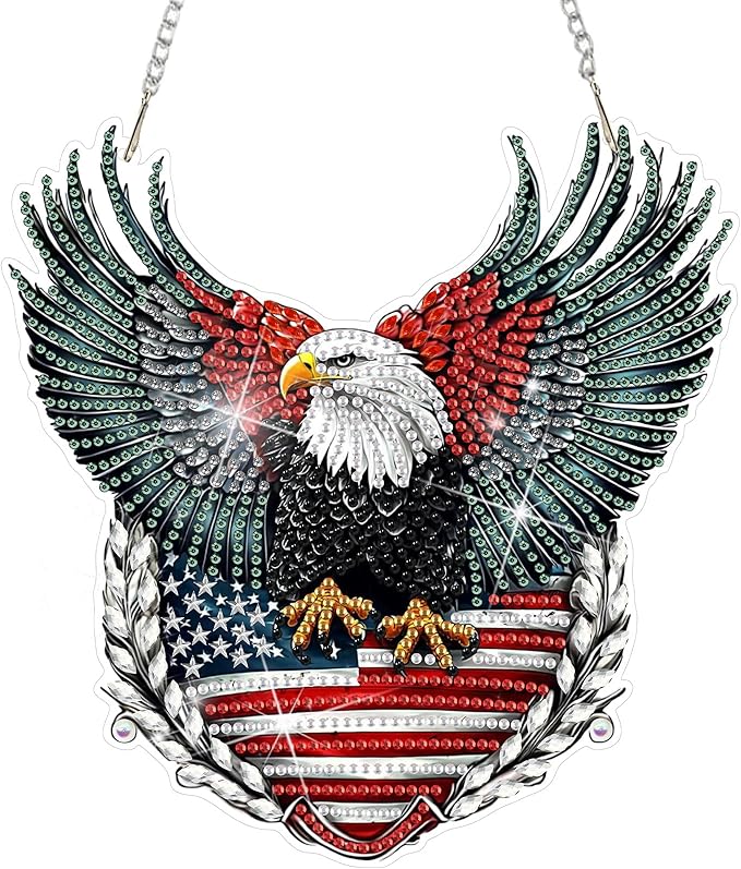 DOMROM 4TH of July Diamond Art Hanging Kit for Adult, Eagle Diamond Art Hanging Kit,Patriotic DIY Diamond Art, Independence Day Diamond Hanging Pendant, Window Pendants Garden Wall Hanging Ornament