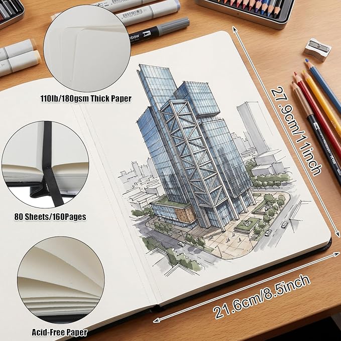 Hardcover Sketch Book, 110lb/180GSM Sketchbook for Drawing Painting, 160 Pages/80 Sheets Sketch Pad, 8.5×11 in Drawing Book Art Supplies for Teens, Adults, Artists