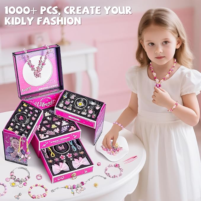 newbandmo jewelry making kit toys for girls 8-12, bracelet making kit for girls, diy craft kits for teen girl age 8 9 10, christmas birthday gifts for kids 8 10 11 12 year old girl (pink)