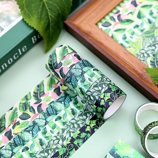 Green Plant Washi Tape Set, 12 Rolls Botanical Tape Green Leaves Decorative Tape Spring Tropical Masking Tapes for Journaling, Scrapbooking, Planners & DIY Crafts, Gift Wrapping