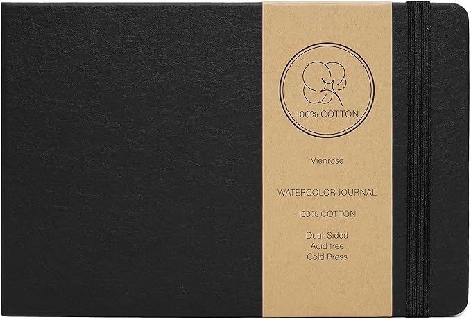Vienrose Watercolor Sketchbook, 8.25"x5.5" Watercolor Journal with 24 Sheets 48 Pages 140 LB (300 GSM) Cotton Watercolor Paper, Black Leather Cover Water Coloring Sketch Book As Travel Notebook