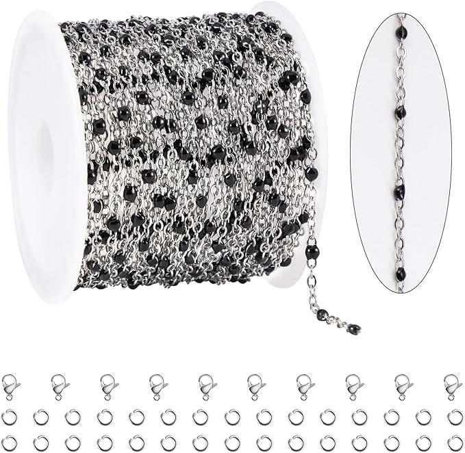 KYUNHOO 16.4FT/5M Black Enamel Beaded Chain for Jewelry Making Silver Cable Link Roll Stainless Steel Jewelry Chain for Necklace Bracelet DIY