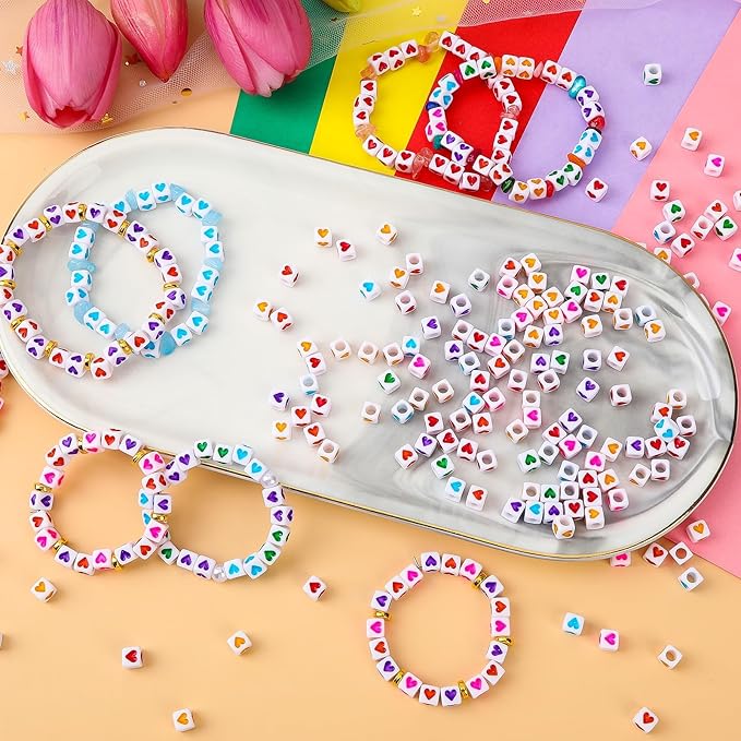 Augshy 1400Pcs Acrylic Colorful Heart Square Cube Beads for Bracelets Necklaces Phone Lanyard Making with 1 Roll Crystal String Cord for Jewelry Making(6mm)