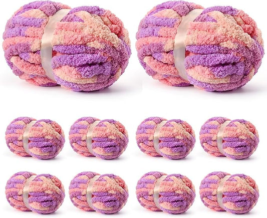 10 Pack Jumbo Chunky Yarn for Hand Knitting, Fluffy Variegated Chunky Chenille Yarn for Crocheting, 240yds/70.5oz Super Bulky Soft Crochet Baby Blanket Yarn(Pinkish Purple)