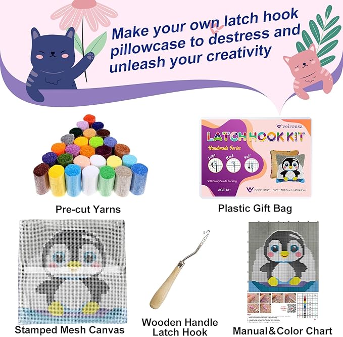 Cute Penguin Latch Hook Kits for Adults Kids Beginners Cartoon Animals Latch Hook Pillow Kit Pre-Printed Latch Hook Rug Kits Cross-stitch Cushion for Home Sofa Decoration 17x17 in. Craft Gift