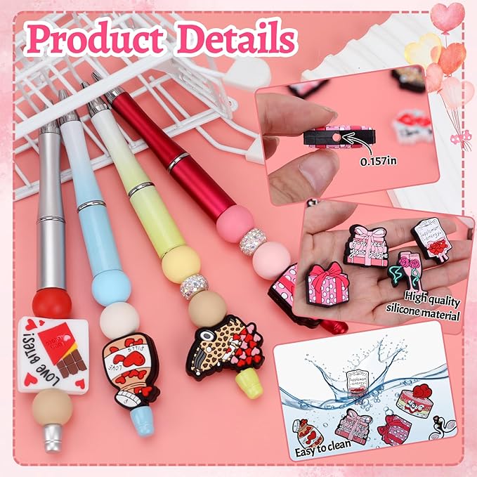 12PCS Valentine Silicone Beads for Pens, 12Pcs Silicone Focal Beads for Keychain Making DIY Handicraft（Valentine）
