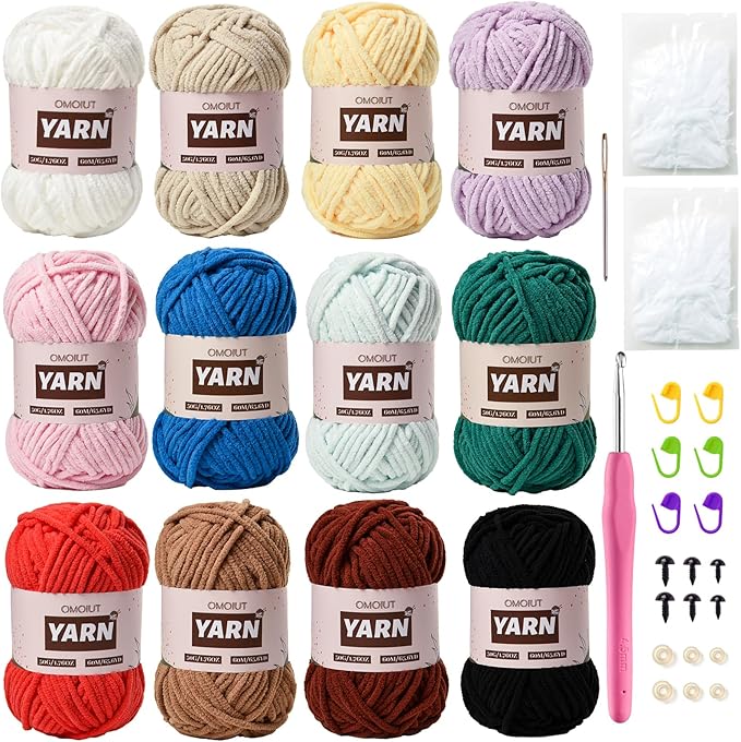 12 Pack Chenille Velvet Yarn - Baby Yarn for Crocheting Soft - Amigurumi Yarn Set with 600g(787yd) Crochet Yarn Crochet Hook、Stitch Markers、Fluffy Stuffing、Accessories B