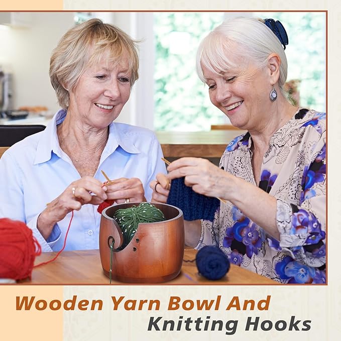 Patelai 6.7 x 6.7 x 4.7 Inch Wooden Yarn Bowl Crocheting Round Knitting Wool Storage Yarn Bowl Handmade with Holes 12 Pieces Crochet Hooks for Knitting DIY Crafts Tools (Dark Brown)