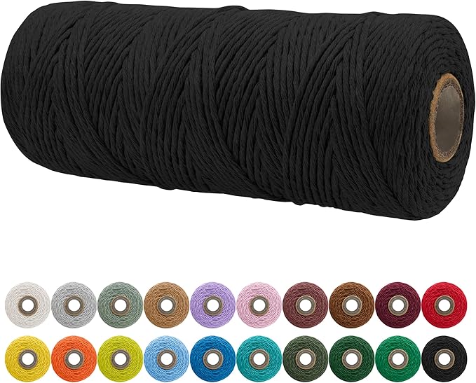 JeogYong Single Strand Macrame Cord 2mm x 164 Yards (492 Feet) Soft Cotton Rope Yarn, Macrame Supplies for Crafts Wall Hangings Plant Hangers Decorations (Black)