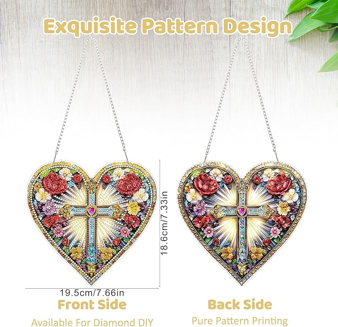 MEIYUDA Cross Diamond Painting Pendant Kits, DIY Heart Cross Special Shaped Diamond Art Hanging Kits for Adults, 5D Crystal Diamonds Painting Acrylic Pendant Ornamen for Home Decoration