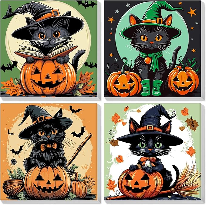 Bowetile 4 Pack Halloween Framed Paint by Numbers for Adults, Black Cat Paint by Numbers for Kids Ages 8-12 on Canvas, Easy Acrylic Cartoon Number Painting Halloween Gifts for Home Wall Decor, 8x8in