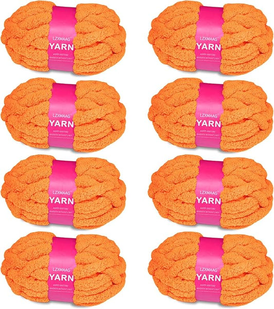 Chunky Yarn for Hand Knitting and Blankets – Super Soft Jumbo Chenille Yarn Pack for Crocheting, Bulky DIY Projects, 8 Skeins(Orange)