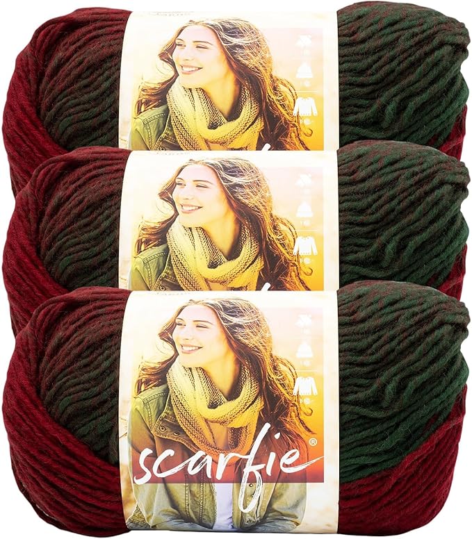 Lion Brand Yarn Scarfie Yarn for Knitting and Crocheting, Deep Red/Dark Green, 3 Pack