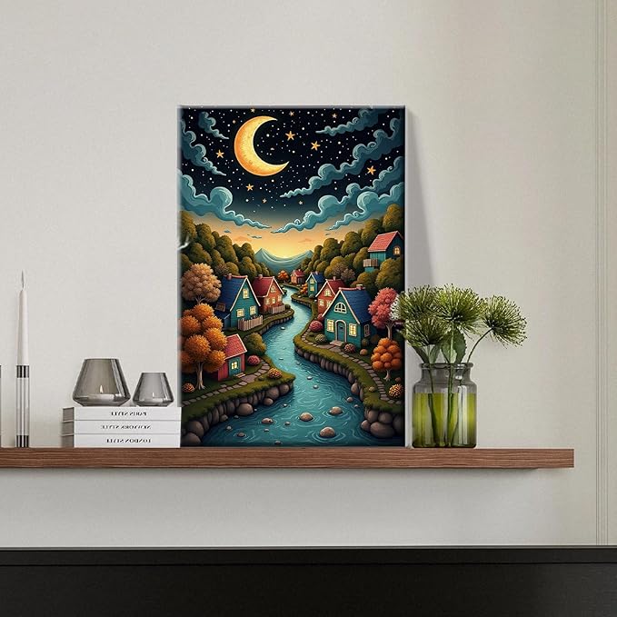 JOOZ Landscape Paint by Numbers Kit for Adults with Frame Moon Paint by Number with Easel Lake Adult Paint by Number Kits Framed Canvas Oil Painting Kits for Home Wall Decor 8x12 Inch