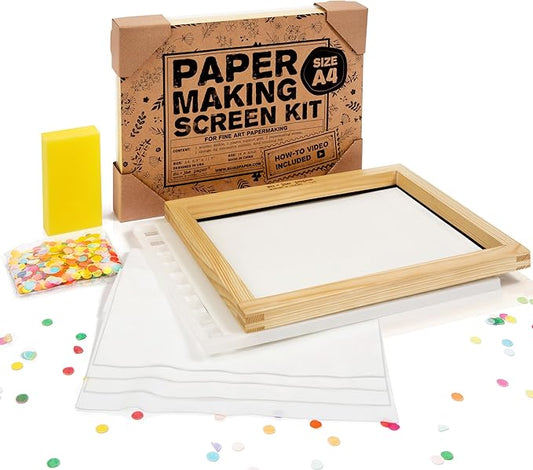 Waterproof Paper Making Screen Kit to Craft Your Own Handmade A4 Paper: Wood Deckle, Mesh Screen, Plastic Grid, Confetti, Sponge, 4 Couch Felts & Video Instructions…