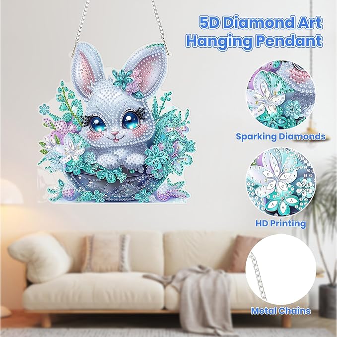 MOGTAA Easter Bunny Diamond Art Hanging Kits for Adults Beginners, Flowers Diamond Art Suncatchers, 5D Special Shape Animal Diamond Painting Window Pendant Kit for Home Wall Decor