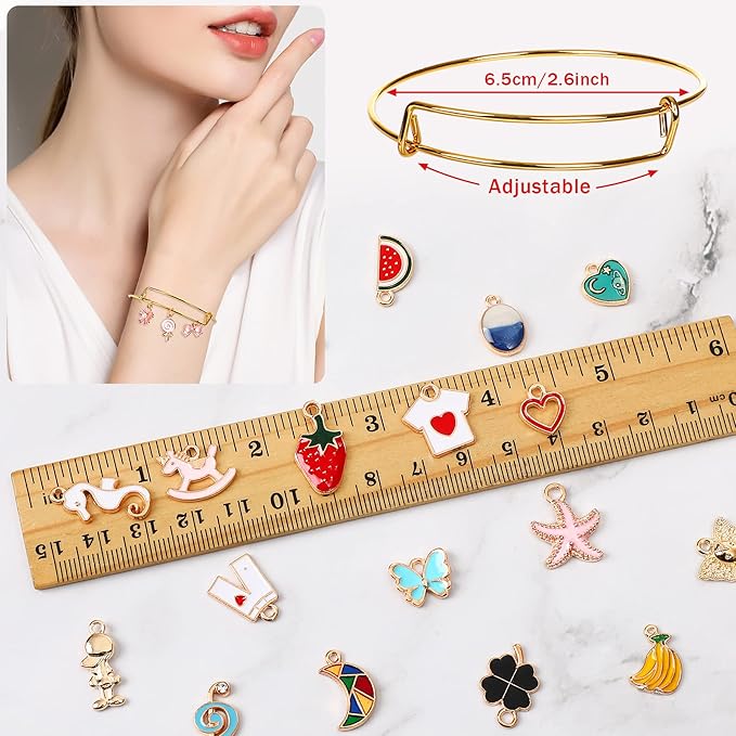 UPINS 30Pcs Silver Expandable Blank Bracelets Adjustable Wire Bangles with 100Pcs Tibetan Silver Charms, 200Pcs Open Jump Rings for Jewelry Making (Multicolor)