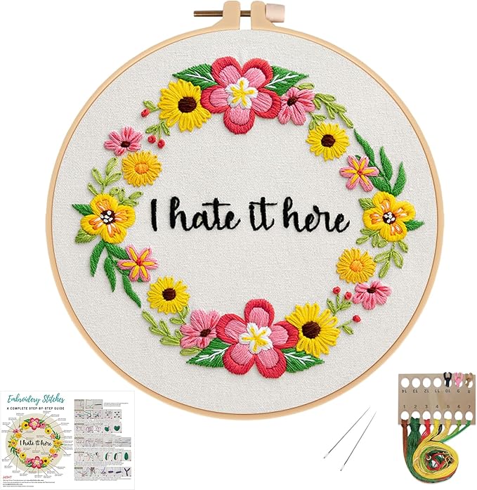 Nuberlic Floral Embroidery Kit for Beginners Cross Stitch Kits- Complete Starter Set with Hoop, Pre-Printed Fabric, Threads & Needles