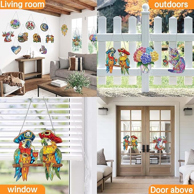 Ginfonr Diamond Painting Kits Hanging Pendant, Hummingbird Diamond Art Kits for Adults, Special Shaped Rhinestone Landscape Diamond Art, Double Sided Hanging Kits for Garden Wall Window 8 x 8 inch