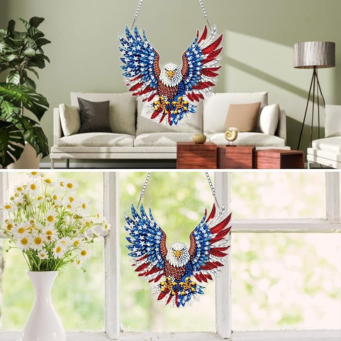 MXJSUA American Flag Eagle Diamond Painting Art Window Suncatchers, Diamond Art Kits for Adults Hanging Ornaments with Chain, 5D Special Shape Crystal Diamond Pendant Accessories for Decor Gift