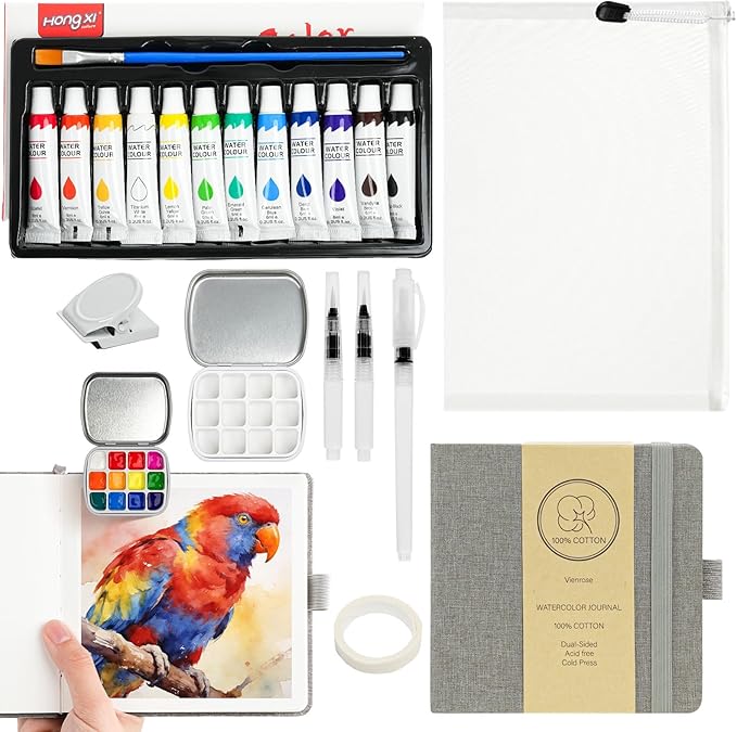Vienrose Mini Portable Watercolor Palette Set for Travel & Outdoor Painting with 5.5" x 5.5" Linen Cover Watercolor Sketchbook, 12-Color Watercolor Paints, 3 Pens, Artist Tape & Storage Bag