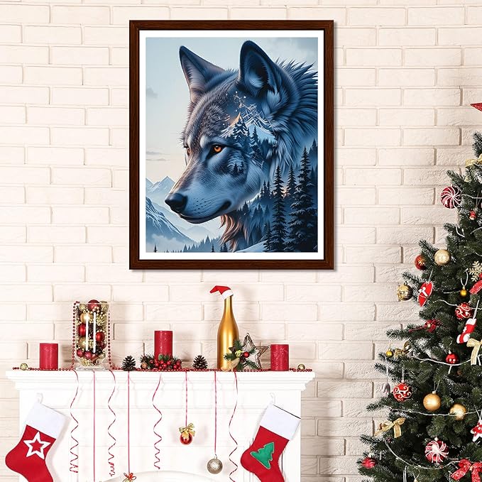 EMIEAUFG Christmas Diamond Art Kits for Adults, Christmas Wolf Diamond Paiting Kit for Beginners, 5D DIY Round Full Drill Craft Diamond Dot Gem Art, Home Wall Decor 12" x 16"