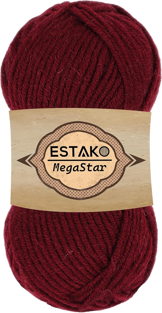 Estako Megastar, 75% Acrylic 25% Wool Yarn, Soft, Chunky Bulky Weight #5 for Crochet and Knitting 3.52 Oz (100g) / 120 Yrds (110m) (63143 - Claret Red)