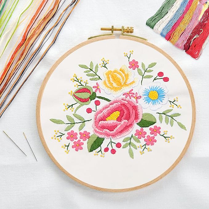 CREAWONDER Canvas Tote Bag Embroidery Kit with Pattern for Beginners, Arts and DIY Embroidery Crafts Kits for Adults, Include Instructions, Thimble, Embroidery Hoops, Color Threads and Tool