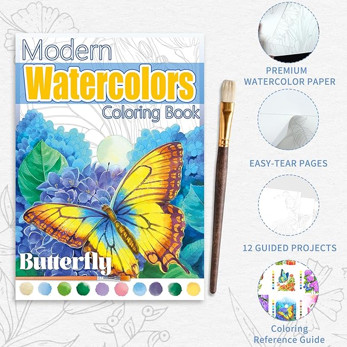 Watercoloring Book, A4 Water Coloring Book Paint Book Beginner Friendly - Watercolor Coloring Books for Adults, 12 Pre-Printed Designs on 180GSM Cold Press Paper, (Without Paint) - Butterfly