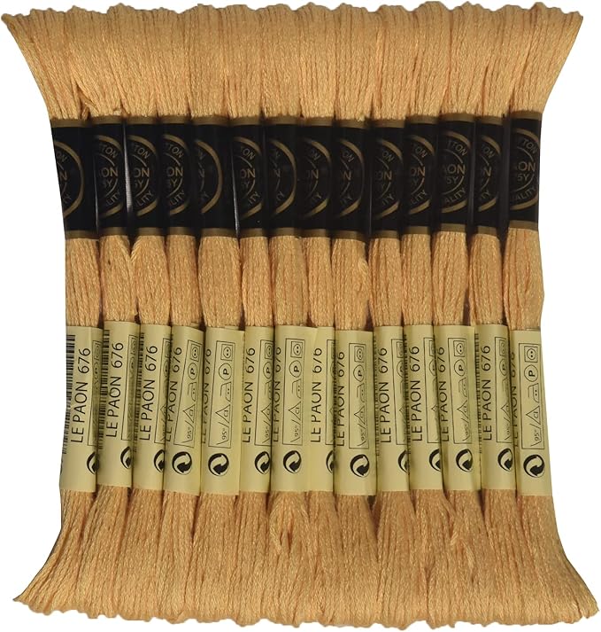 LE PAON Embroidery Floss, 14-Pack Six Strands 100% Long Staple Cotton Embroidery Thread, 8.7-Yard，Color Number：676, Light Old Gold