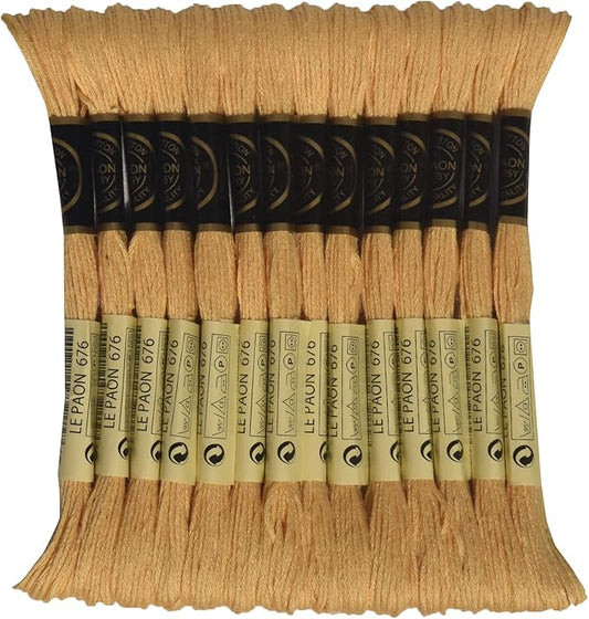 LE PAON Embroidery Floss, 14-Pack Six Strands 100% Long Staple Cotton Embroidery Thread, 8.7-Yard，Color Number：676, Light Old Gold