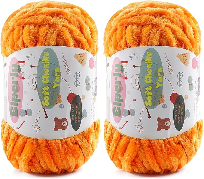2 * 100g Fluffy Chenille Yarn for Crocheting - Chunky Velvet Yarn for Scarves Shawls, Baby Blankets, Hats Plush Toys, Plush Yarns Each Skein 49.2yd, (2, Orange)