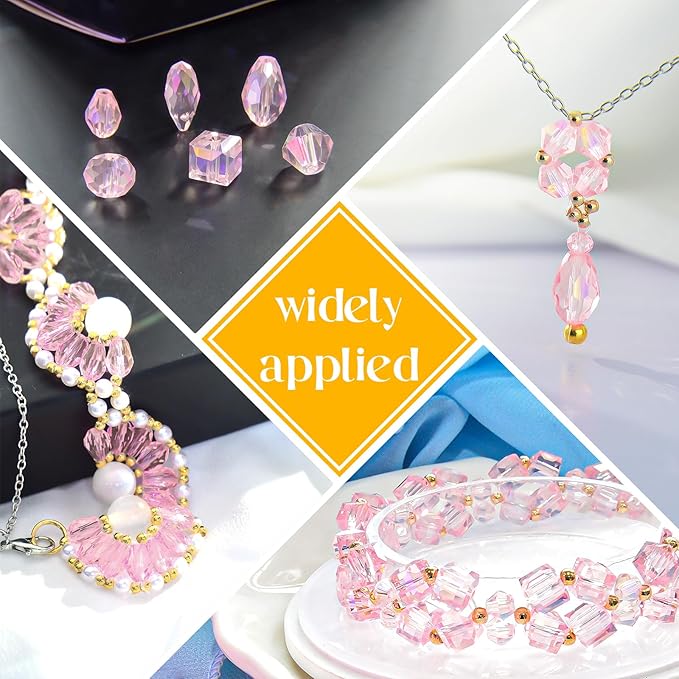 1500 Pcs Crystal Glass Beads for Jewelry Making – 12 Styles Bicone, Rondelle, Cube, Teardrop & 3mm Spacer Beads, DIY Bracelet Necklace Earring Craft Kit with Organizer Box(Pink)