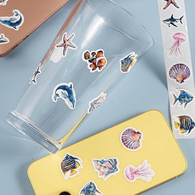 1000pcs ocean animal stickers roll, 2 rolls, 10 styles cartoon sea creature stickers, whales, octopus, sharks, jellyfish, clownfish, shells & fish decals for classroom rewards