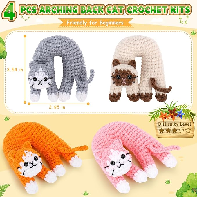 Fortuning's JDS Crochet Kit for Beginners, 4 Pack Funny Cat Crochet Kits, Animal Starter Crochet Kit with Step-by-Step Video Tutorials, Easy DIY Cat Craft for Adults, Novelty Gift for Crochet Lovers