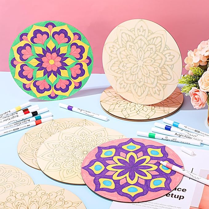 22 Pcs Wooden Mandala Painting Set 10 Mandala Unfinished Wood Cutouts with 12 Markers for Crafts Diwali Craft Wood Slices for Adults Painting DIY Tags Wedding Home Decors(Stylish Style)